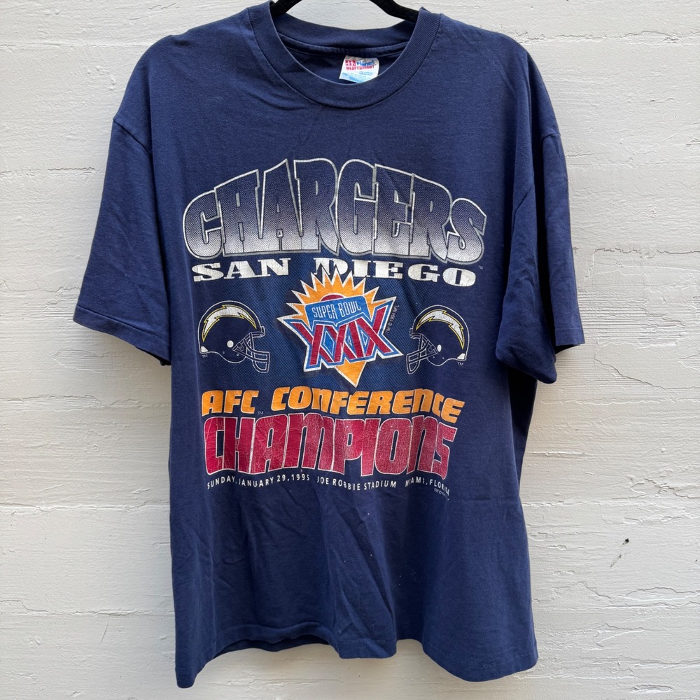 Vintage San Diego Chargers T Shirt Large 1995 Super Bowl Mens football Navy NFL